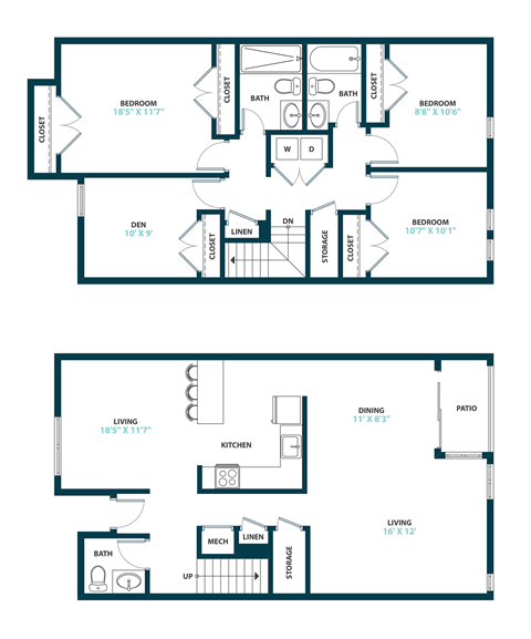 Floor plan for 3 beds, 2.5 baths, 1578 sqft